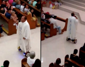 Padre reza missa utilizando hoverboard e é suspenso da Diocese