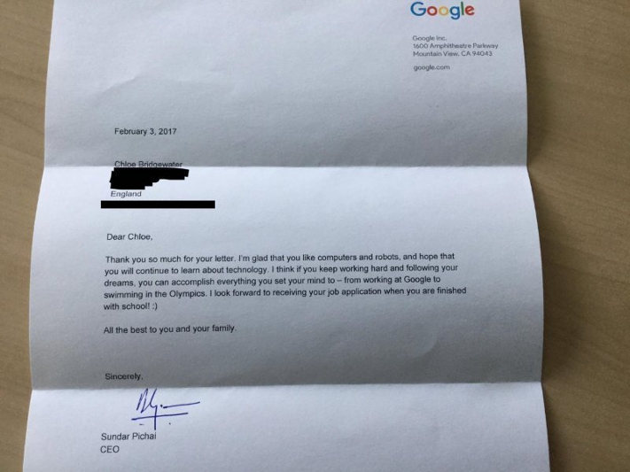 Google responde carta de emprego de garota de 7 anos