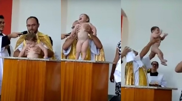 Bebê solta gargalhada e bate palmas durante batismo