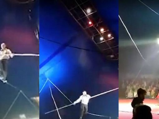 Homem cai de corda bamba a 10m de altura, se levanta e finaliza show