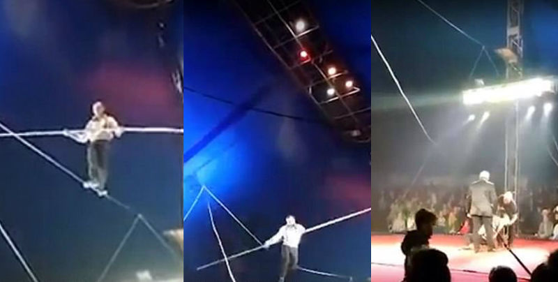 Homem cai de corda bamba a 10m de altura, se levanta e finaliza show